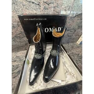 Nomad Black Leather Western Ankle Boots with Rhinestone Buckle | size 11